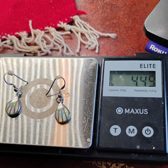 Native Navajo Signed AK Sterling Silver Inlay Opal Dangle Earrings Colorful Irid - Picture 6 of 6